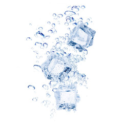 Ice cubes and splashing water on white background
