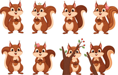 Cute Cartoon Squirrel with Acorns and Branches, Happy Squirrel with Flowers, Forest Animal Character in Seasonal Poses