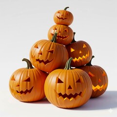 Spooky glowing jack-o'-lanterns stacked high create a festive Halloween pyramid, perfect for holiday decor.
