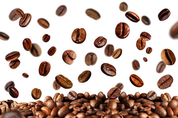 Roasted coffee beans falling onto heap against white background