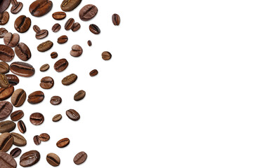Roasted coffee beans in air against white background