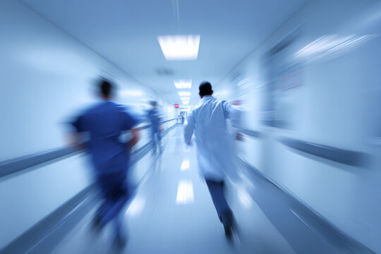 A dynamic scene in a hospital corridor, showcasing medical professionals in action, highlighting urgency and care in healthcare. - Powered by Adobe
