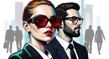 Stylish business couple wearing sunglasses, looking professional and confident in a modern city setting with blurred background figures, representing success and partnership