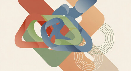 Naklejka premium Abstract geometric shapes in red, green, blue, and tan are layered on a cream background. Circles, triangles, and rounded rectangles create a modern, colorful design.