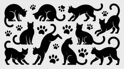 Fototapeta premium Collection of black cat silhouettes and paw prints isolated on white background