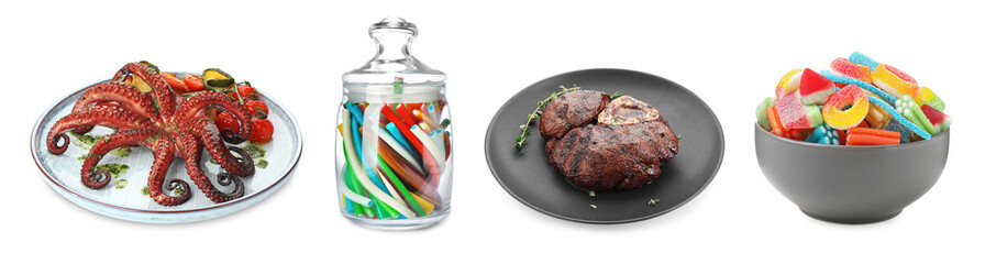 Food with chewy texture, collage. Dishes and gummy candies isolated on white