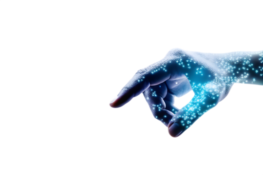 futuristic human hand touching digital data stream isolated on white background, png, ai generated.