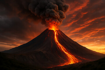 Molten Lava Flowing From Erupting Volcano
