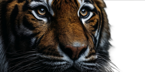 A closeup portrait of a majestic tigers face its focused eyes in the style of a documentary photo style Dark background