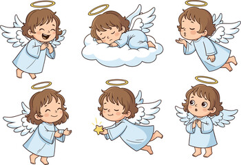 Cute Cartoon Angel Characters with Halo, Angelic Baby with Wings and Star, Heavenly Cherub, Baby Angel Illustrations for Kids