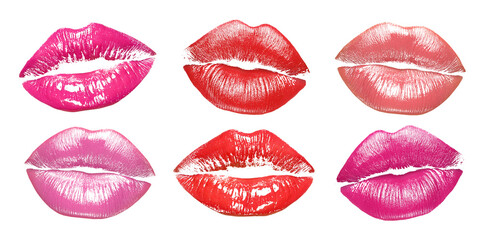Obraz premium Lipstick kiss marks in different colors on white background, set