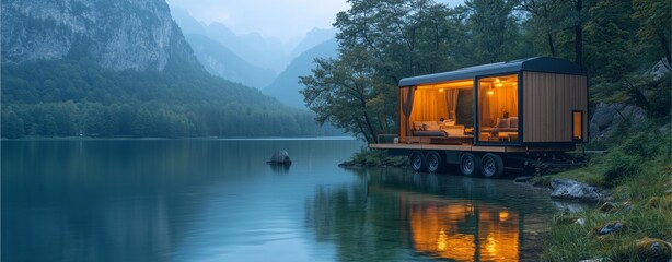 Obraz premium Tiny Home Living on wheels parked by a scenic lake with mountain background, cinematic mood & lighting