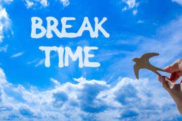 Break time symbol. Concept word Break time on beautiful blue sky. Businessman's hand with wooden bird. Beautiful blue sky and cloud background. Business break time concept. Copy space.