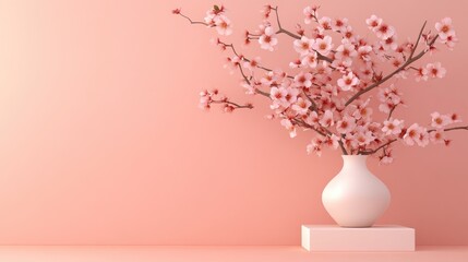 Delicate cherry blossoms in a simple vase against a soft pink backdrop.