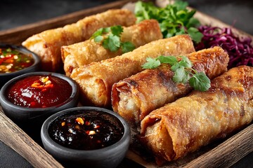 Crispy golden spring rolls served with three flavorful dipping sauces on a wooden tray