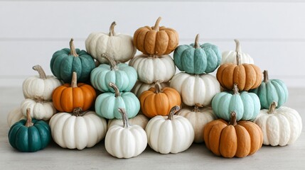 Pile of teal, white, and orange pumpkins on light background, pastel autumn palette, harvest decor, copy space