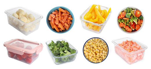 Different frozen vegetables on white background, collage