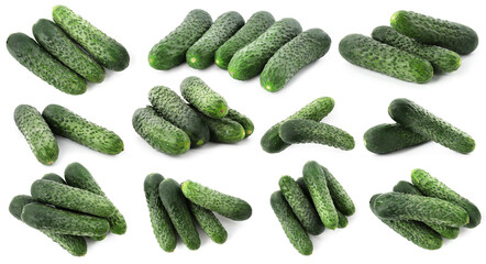 Fresh ripe cucumbers isolated on white, collage