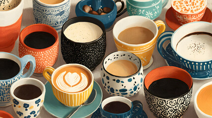 Variety of beautifully designed coffee mugs filled with different types of coffee on a table