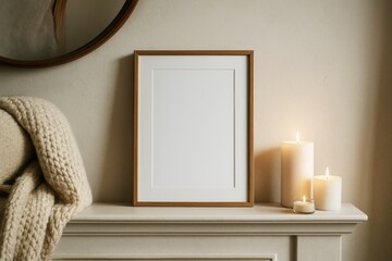 Vertical wooden frame mockup on beige fireplace mantel with candles and knit blanket in cozy neutral interior setting for soft branding display. Ai generative