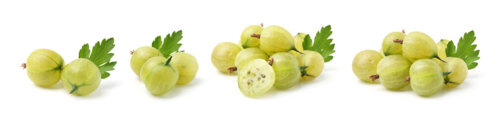 Fresh green gooseberries on white background, set