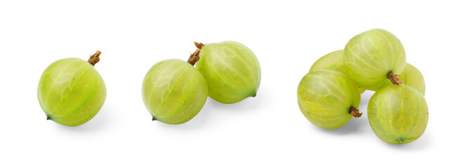 Fresh green gooseberries on white background, set