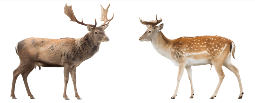 Photograph of a red deer and fallow deer standing side by side isolated on a white background transparent realistic stock photography high key full body