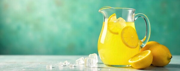 Refreshing homemade lemonade cooling down in a pitcher with ice cubes, ready to quench thirst on a hot day  Perfect summer beverage ,  lemon,  juicy