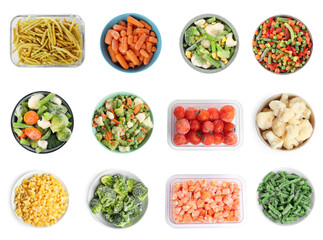 Different frozen vegetables on white background, set. Top view