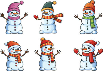 Cartoon Snowman with Colorful Hats and Scarves, Winter Holiday Snowman Characters, Fun Festive Snowman Illustrations for Christmas