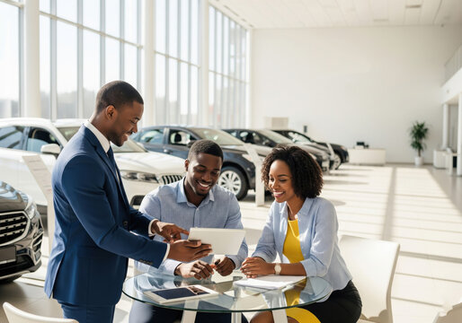 African American couple signing a contract with a car salesman