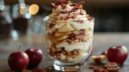 This dessert combines the natural sweetness and tartness of the apples with the rich, creamy, and crunchy textures of the toppings.
