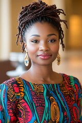 Stunning portrait of a beautiful African woman with an elegant locs hairstyle wearing vibrant traditional attire
