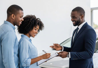 African American couple signing a contract with a car salesman