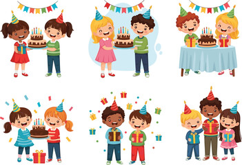 Children Celebrating Birthday with Cake and Presents, Happy Kids in Party Hats, Fun Birthday Celebration, Colorful Party Decorations