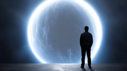 Obraz premium A silhouette of a man standing before a luminous orb, symbolizing introspection and the mysteries of the universe.