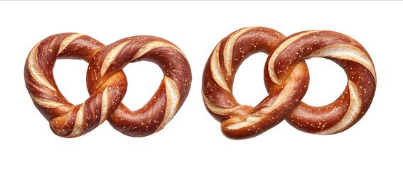 Two side by two twisted pretzels isolated on white background with clipping path Full Depth of field ultra realistic photo quality