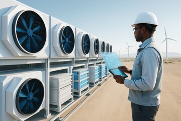 Engineer monitoring carbon capture fans using futuristic tablet in desert with wind turbines in background, symbolizing clean energy science. Ai generative