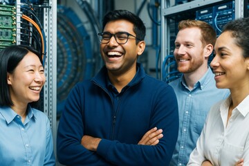 Group of diverse IT engineers smiling while working in a high-tech computer server room environment, showcasing teamwork and innovation spirit. Ai generative