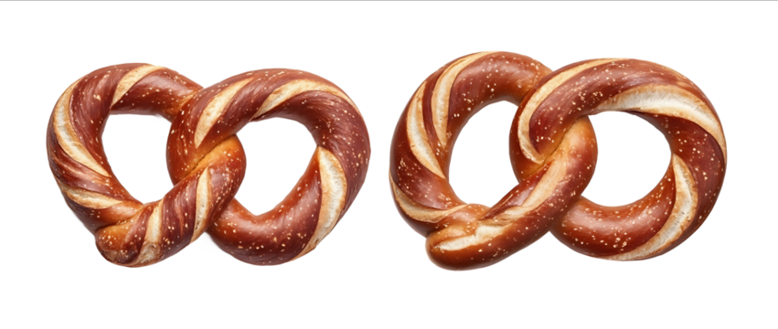 Two side by two twisted pretzels isolated on white background with clipping path Full Depth of field ultra realistic photo quality
