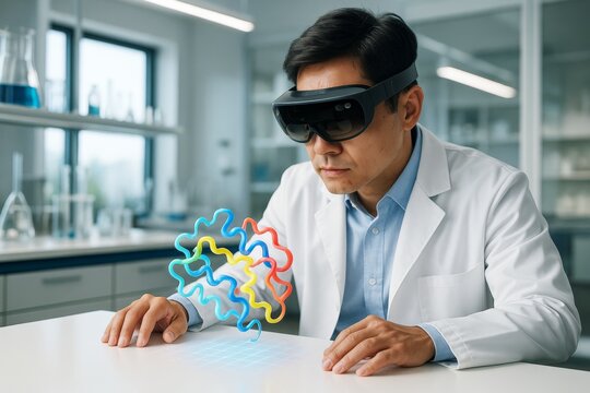 Scientist wearing AR glasses studying colorful molecular structure in modern laboratory environment with bright light and scientific background. Ai generative - Powered by Adobe