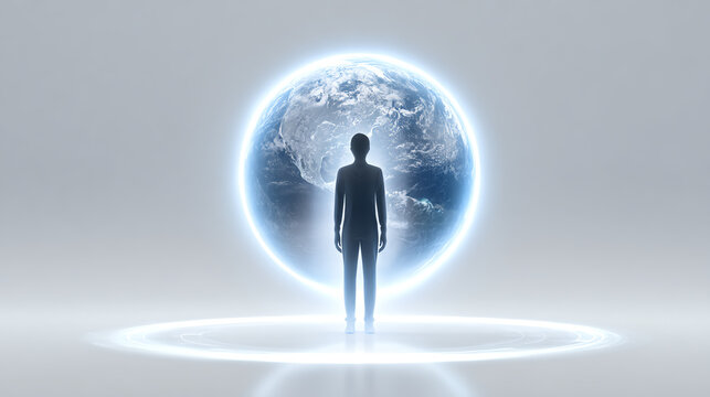 A silhouette of a person stands before a glowing globe, symbolizing global awareness and interconnectedness in a digital age.