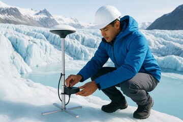 Scientist in winter gear setting up GPS station on icy terrain with glacier background for environmental research and climate science study. Ai generative
