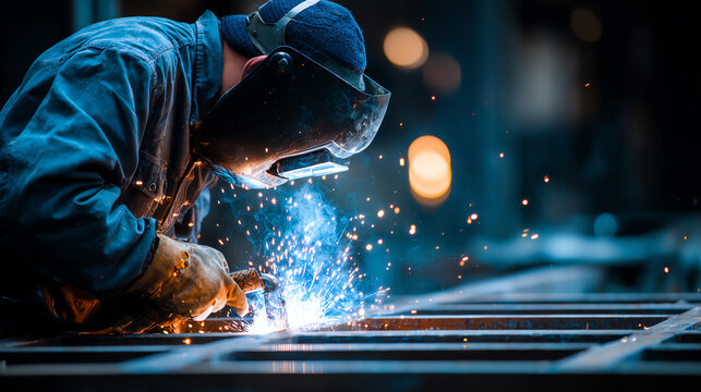 A skilled welder wearing protective gear works diligently, producing sparks and light in an industrial setting.