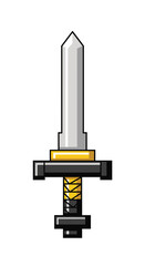 A pixelated silver sword with a black hilt and gold accents on a white background