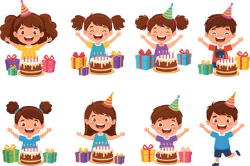 Happy Kids Celebrating Birthday with Cake and Gifts, Cute Cartoon Children Wearing Party Hats, Joyful Birthday Celebration