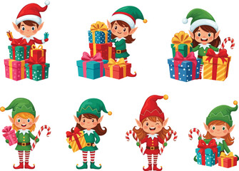 Colorful Christmas Elves with Gifts, Cute Cartoon Holiday Characters, Kids with Presents, Christmas Cheer, Festive Decorations