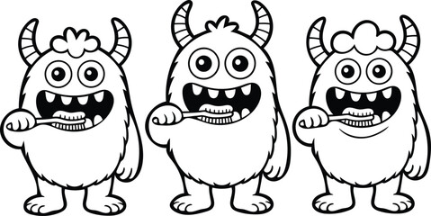 Three Cute Monsters Brushing Teeth:  Fun, Black and White Cartoon Illustration for Children's Dental Hygiene.