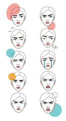 Collection of diverse female facial expressions showing various emotions and feelings depicted in a simple line drawing style
