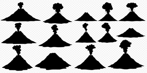 Collection of black silhouette volcano illustrations showing various eruption stages. © Adji